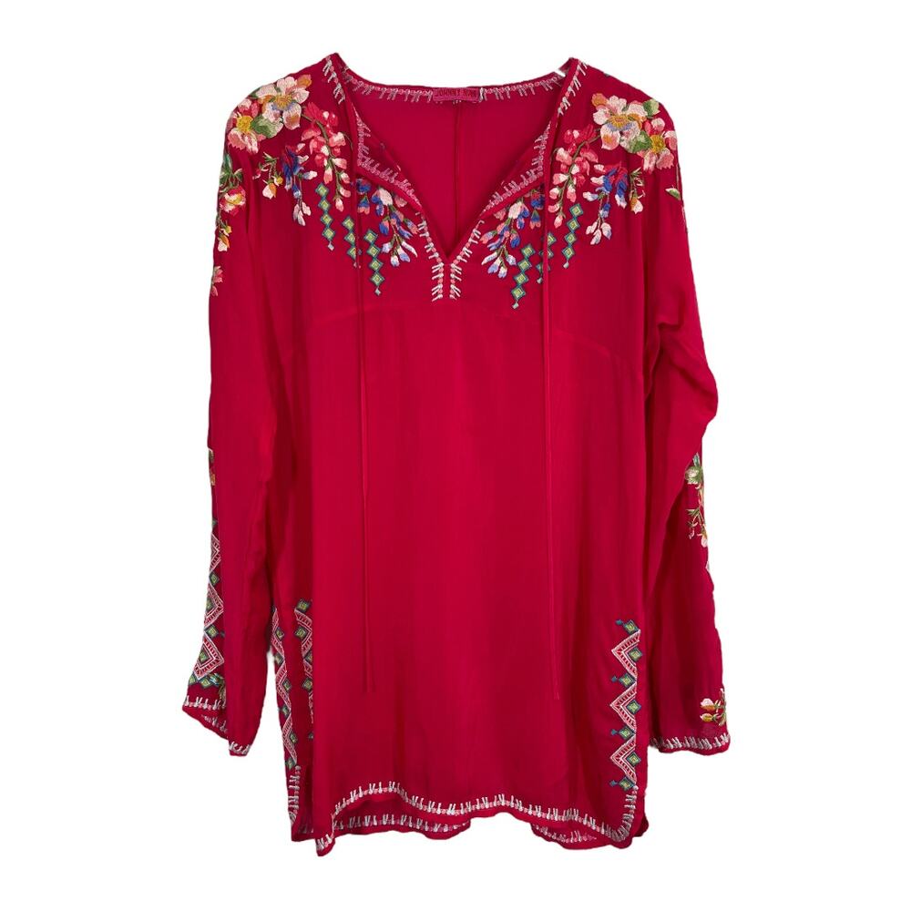 Johnny Was Vanessa Blouse Small Pink Embroidered Long Sleeve Tunic Boho Luxe